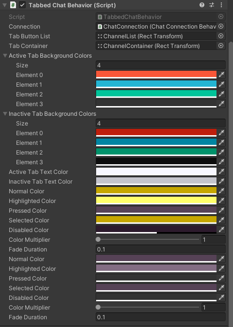 Tabbed Chat Behavior component in the Unity inspector TabbedChatBehavior