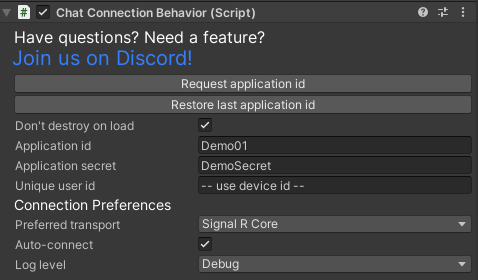 Chat Connection Behavior component in the Unity inspector ChatConnectionBehavior