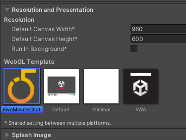 Selection of the WebGL template that comes with FiveMinuteChat ChatConnectionBehavior